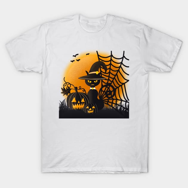 Halloween Cat With Pumpkin & Spooky Spiderweb T-Shirt by The Little Store Of Magic